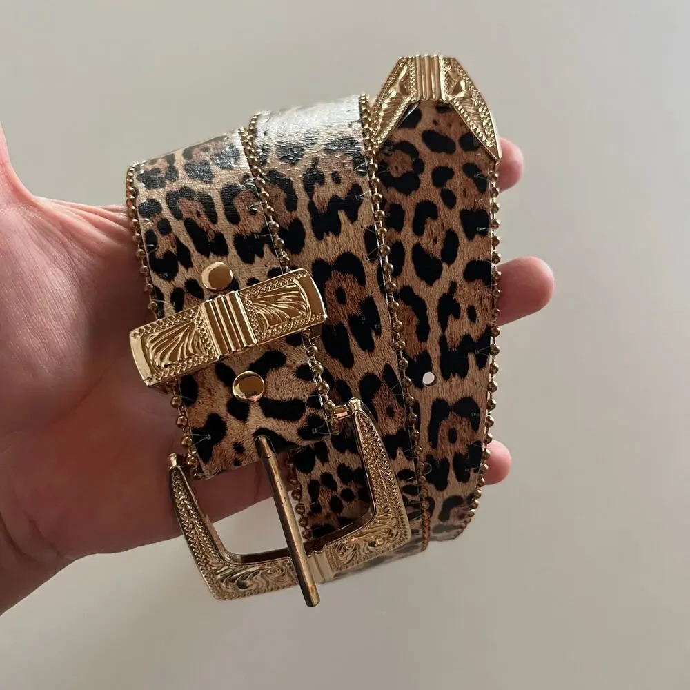 Faux Leather Leopard Cheetah Print Gold Accents Y2K Belt (OS1)